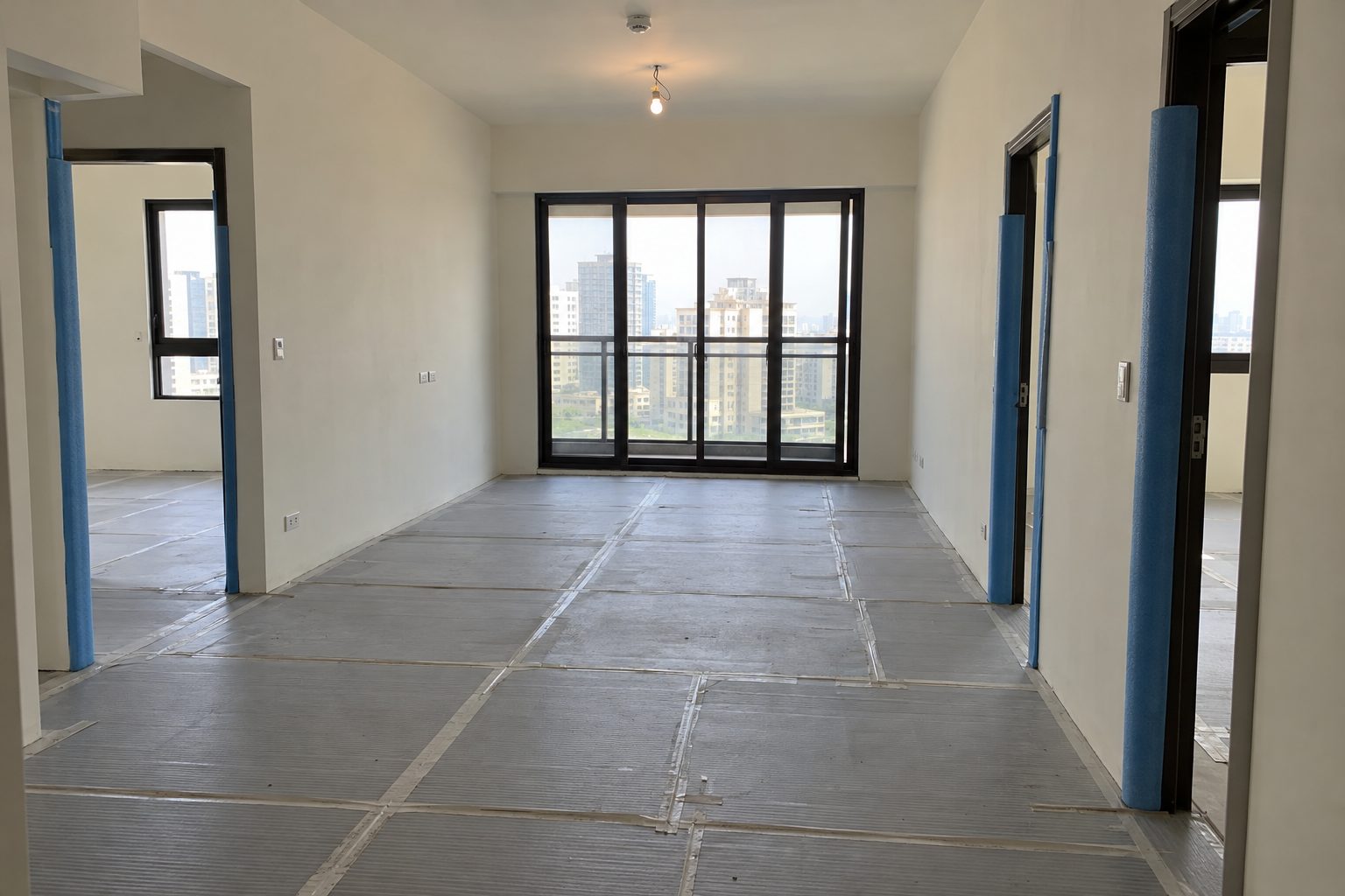 新成屋交屋後、施工前的空屋，地面鋪滿灰色保護板，門框用藍色保護材包起來